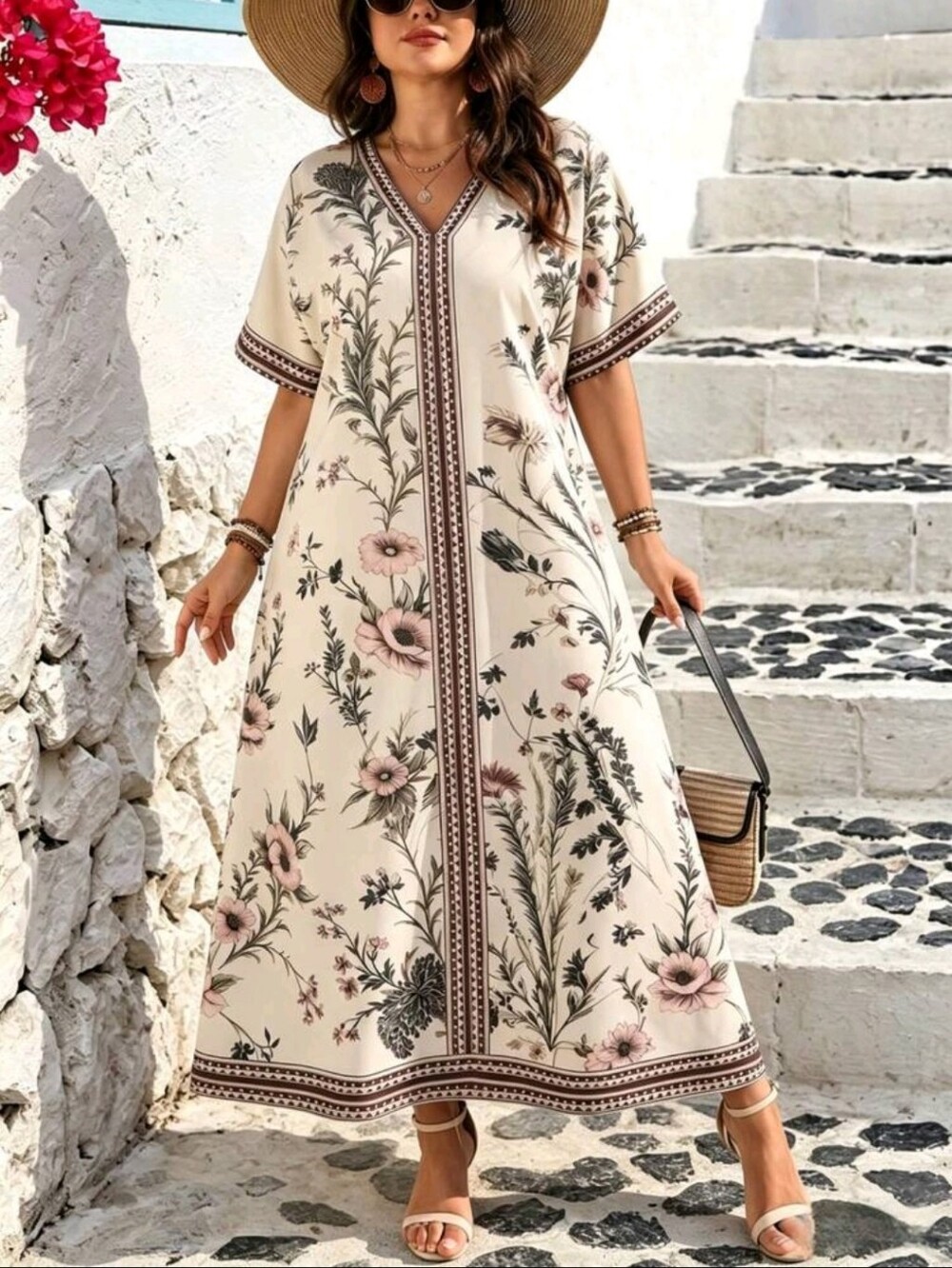 BRAND NEW ** Floral V-Neck Cream Maxi Dress with Pink Accents